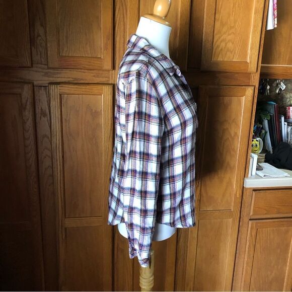 Anthropologie Cloth & Stone Blue Plaid Button Metallic Flannel Top - L - Picture 7 of 11